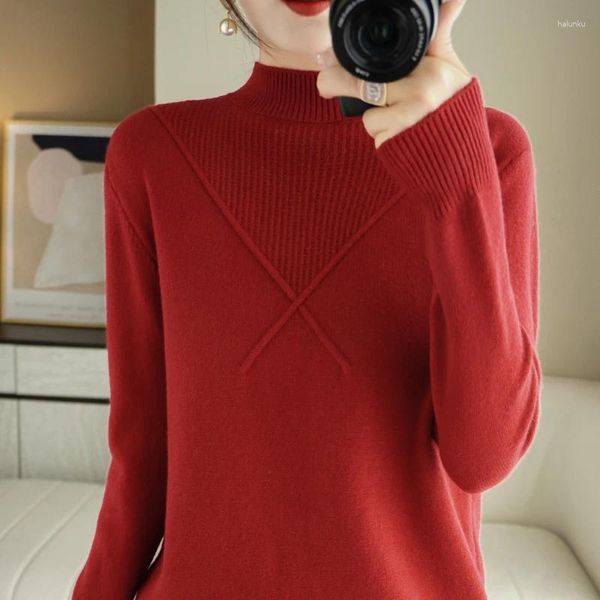 Suéteres femininos outono e inverno mulheres cashmere pulôver manga longa meia gola estilo básico jumper de malha tops suéter