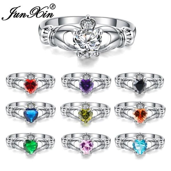 Anéis de casamento Junxin luxo feminino coração anel claddagh branco ouro cheio jóias moda para mulheres nascimento pedra presentes224v