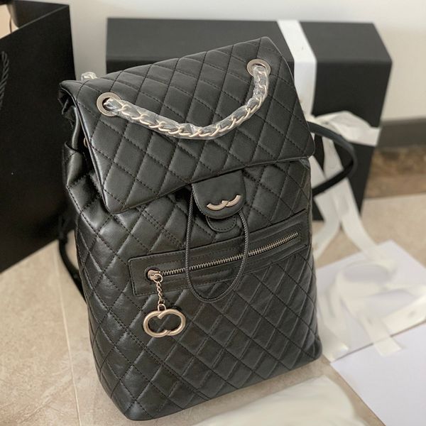 Mochila feminina elegante 38cm bolsa de aeroporto de viagem couro diamante verificação prata hardware fivela de metal bolsa de luxo clássica pequena bolsa de ombro com pingente bolsas escolares