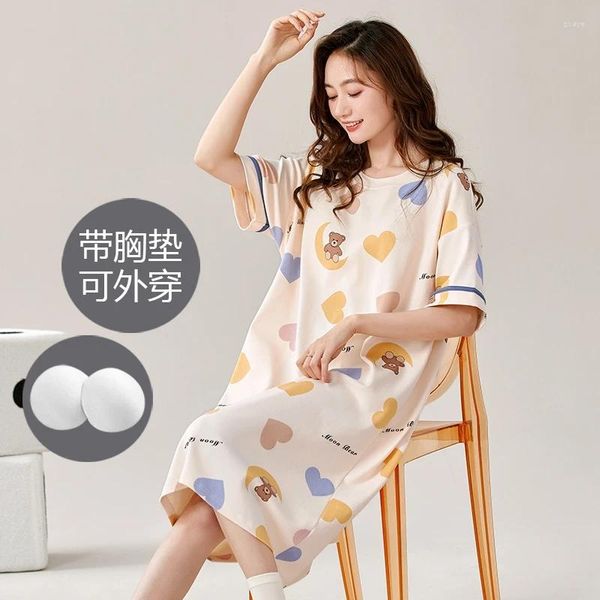 Mulheres sleepwear verão vestido de noite com almofada de peito malha de algodão mulheres pijamas conjunto vestido de casa para meninas jovens