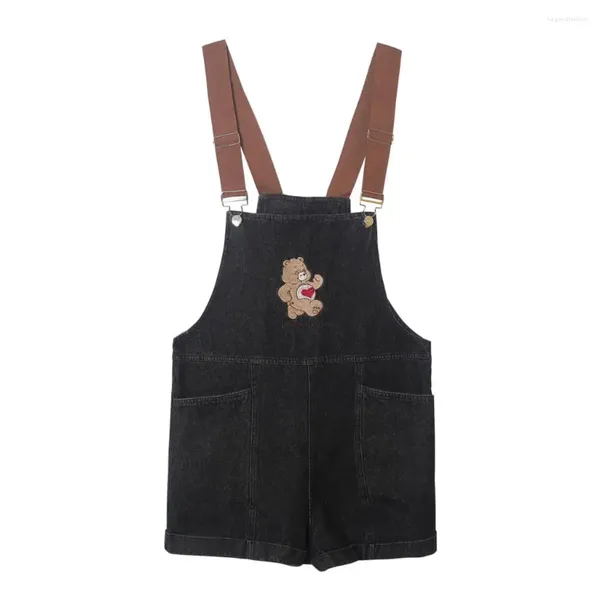 Damen-Jeans, lässige Overalls, Shorts, süße süße Bären-Stickerei, Teenager-Mädchen, lockerer schwarzer Denim-Overall für den Sommer