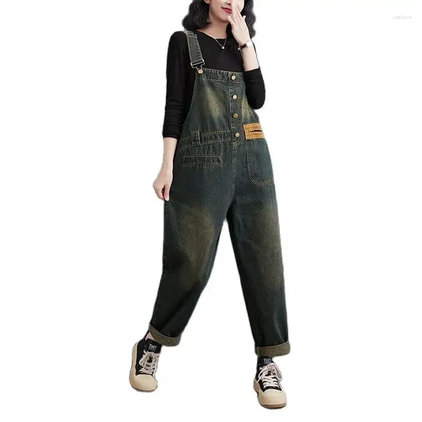 Damen-Jeans, Vinatge, gewaschene Damen-Denim-Overalls, sandgestrahlt, große Taschen, lockere Mode-Overalls für Mädchen