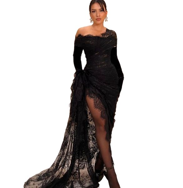 2023 árabe Aso Ebi preto sereia vestido de baile renda alta divisão vestidos de noite sexy aniversário noivado segundo vestido vestido feminino desgaste formal wd0450