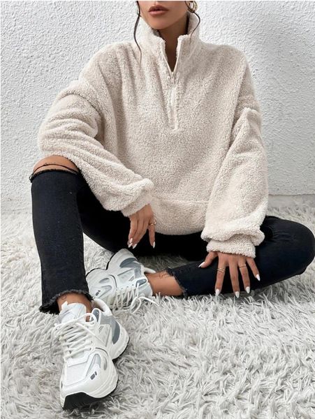 Felpe con cappuccio da donna da donna soffici giacche a maniche lunghe colletto alla coreana mezza cerniera felpe calde allentate casual pullover invernali 2023