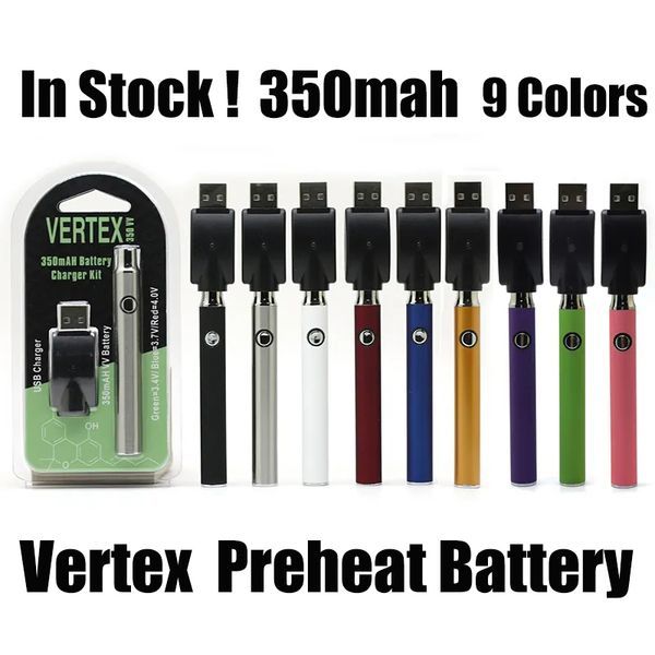 Аккумулятор Vertex 350 мАч, аккумуляторы для предварительного нагрева Vape, блистер с переменным напряжением, комплекты USB-зарядных устройств для картриджей с резьбой 510, 9 цветов, ручка для электронных сигарет