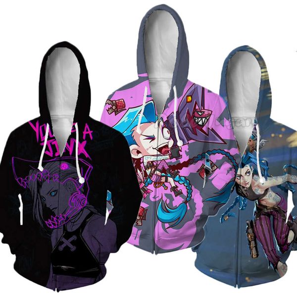 Cosplay Anime LOL Arcane Jinx Uniforme Uomo Donna Felpe con cappuccio Giacca Costume di Halloween Cappotto Hip Hop Streetwear