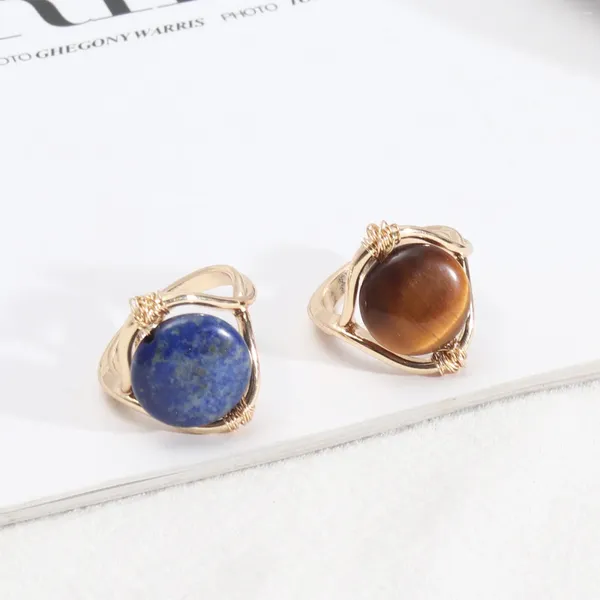 Cluster Ringe Kupferdraht Wrap Lapislazuli Tigerauge Quarz Naturstein Mode Innendurchmesser 1,7 cm Goldfarbe Brincos Schmuck für Frauen