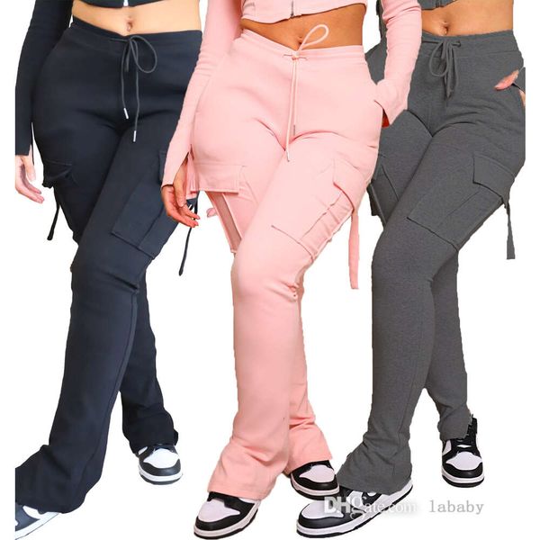 Atacado casual calças de carga esportiva das mulheres 2023 outono moda na moda workwear calças multi-bolso split perna sweatpants roupas