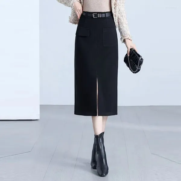 Röcke Frauen Hohe Taille Tasche Split Bodycon Woolen Rock Herbst Winter Büro Dame Elegante Chic Dünne Beiläufige Schwarz Bleistift 4XL 3698