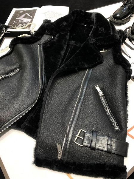 Gilet da donna FTLZZ Autunno Inverno Donna Streetwear Ecopelle Gilet di pelliccia di agnello Cappotto Casual Spessa Calda senza maniche Giacca da motociclista nera