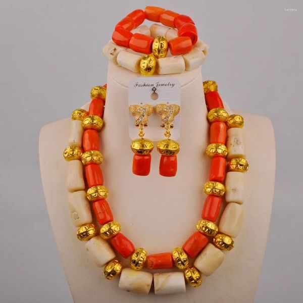 Halskette Ohrringe Set Afrikanische Hochzeitsaccessoires Schmuck Orange und Weiß Natürliche Korallenperle Nigerianischer Brautschmuck AU-523