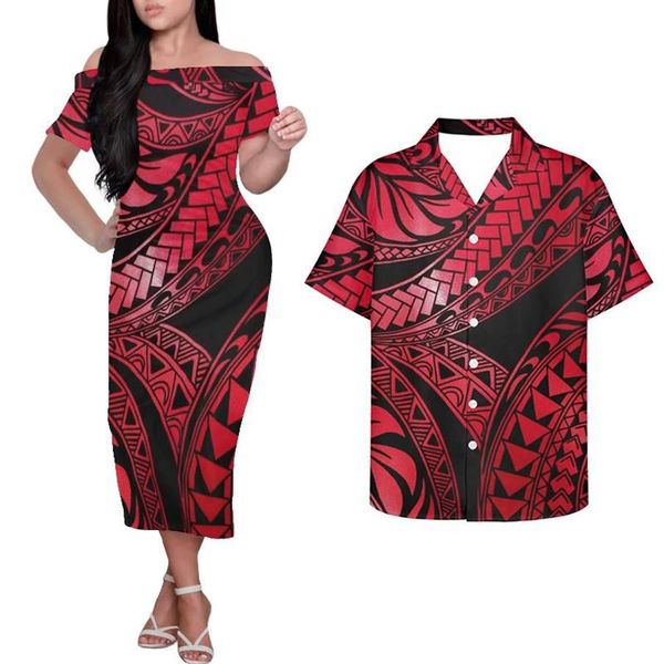 Abiti casual HYCOOL Stampa tribale con spalle scoperte Tatuaggi samoani Abito rosso Elegante aderente polinesiano estivo per le donne 2021239W