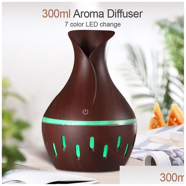 Ätherische Öle Diffusoren Öldiffusor 300 ml Holz Luftbefeuchter Luftreiniger mit Kornform 7 Farben wechselnde LED-Leuchten für Büro Dro Dh6Nk