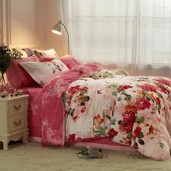 Bettwäsche-Sets, Blumendruck und Färben, vierteilig, Baumwolle, verdickt, warmes Bettlaken, doppelte Lieferungen, 1,8 m, Bettbezug, pastoraler Stil