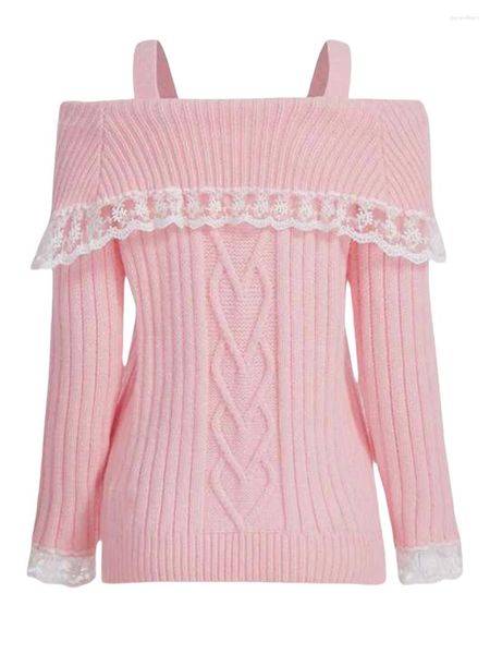 Camisolas femininas Mulheres Slim Knit Sweater Lace Trim Cross Tie-Up Manga Longa Pulôveres Outono Inverno Barco Pescoço Off Ombro Jumpers