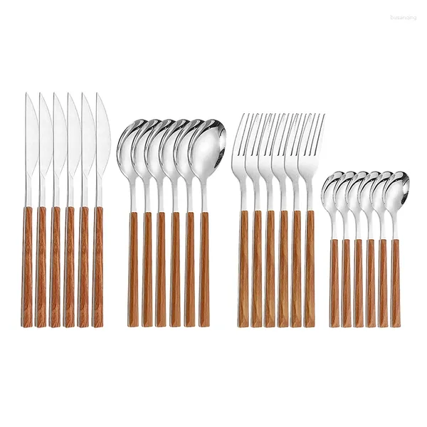 Conjuntos de louça 24 pcs talheres de aço inoxidável conjunto de jantar completo talheres elegante faca garfo colher de chá imitação de madeira