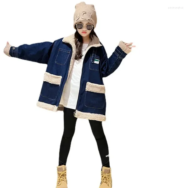 Jacken Winter Kinder Dicke Warme Jeansjacke Für Mädchen Große Tasche Lammwolle Parkas Kinderkleidung Teenager Blaue Jeans Outwear Mäntel