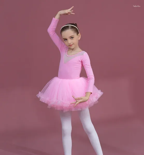 Palco desgaste tule tutu saia crianças ballet collant manga longa ginástica bodysuit prática roupas dança desempenho vestido 2 peça