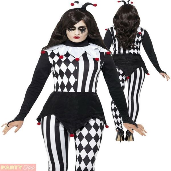 Senhoras Jester Traje de Halloween Adultos Palhaço Arlequim Vestido Extravagante Roupa Feminina SM1898 MLXL246U