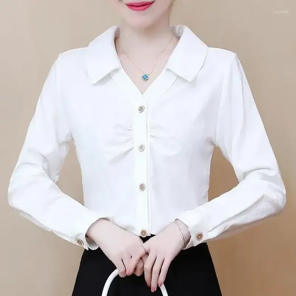 Camicette da donna Primavera 2023 Donna coreana Bianco Casual Manica lunga Office Lady Camicie basic Scollo a V 3XL Camicia elegante Pieghe Top