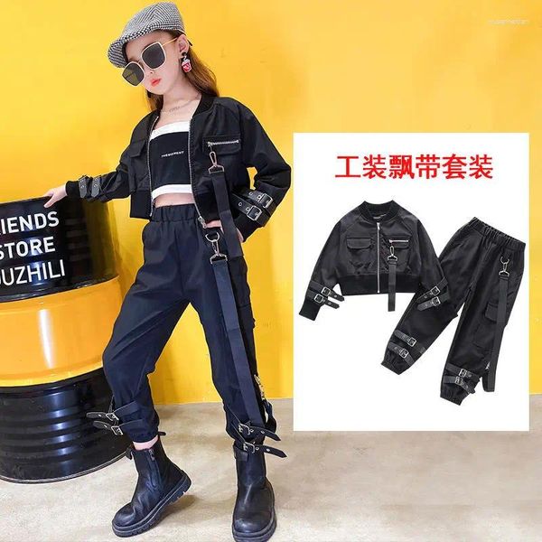 Kleidung Sets Teenager Kinder Hip Hop Street Dance Outfit Single Sleeve Tops Schwarze Hosen Cool Anzug Mädchen 2pic Bühne performance Wear 14Y