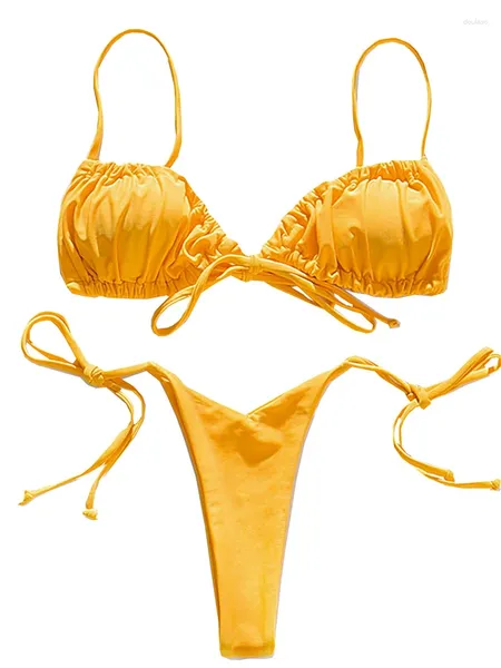 Costume da bagno donna In-X Bikini Liquidazione Costume da bagno solido Donna 2 pezzi Giallo Micro push up perizoma 2023 Costume da bagno