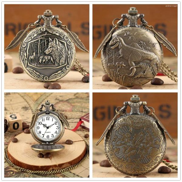 Relógios de bolso vintage steampunk floresta lobo dinossauro colar de quartzo algarismos árabes mostrador relógio antigo completo presente para homens e mulheres