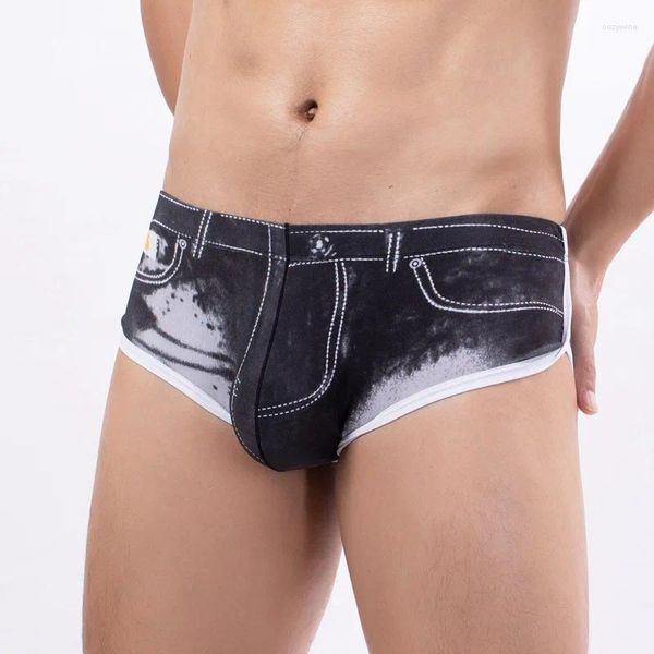 Cuecas masculinas cuecas imitação denim bikini impressão bolsa sexy baixa ascensão juventude u-bag calcinha homem gay u convexo boxer shorts