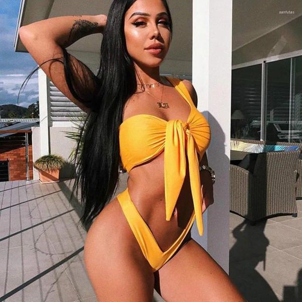 Mulheres Swimwear Biquíni Amarelo Um Ombro Peito Atado Biquini Sexy Duas Peças Maiô Mulheres Cintura Baixa Conjunto Sólido