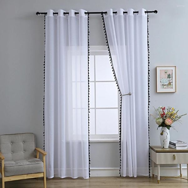 Cortina qwe123 cor sólida borla cortinas de janela blackout mistura algodão fazenda estilo boho salas estar quarto semi transparente