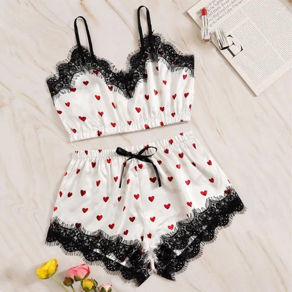 Mulheres sleepwear mulheres sexy lingerie pijama amor impressão sem mangas rendas top shorts conjunto doce impresso camisola