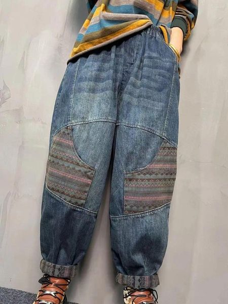 Jeans da donna Autunno Letterario Vintage Toppa allentata Elastico in vita Streetwear Pantaloni in denim Donna Patchwork Tasche dritte Pantaloni Harem