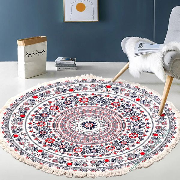 Tappeto tessuto a mano in cotone e lino Retro Bohemian Rotondo Comodino Tappetino geometrico Soggiorno Decorazioni per la casa Boho Mandala Tappeto con nappe 231031