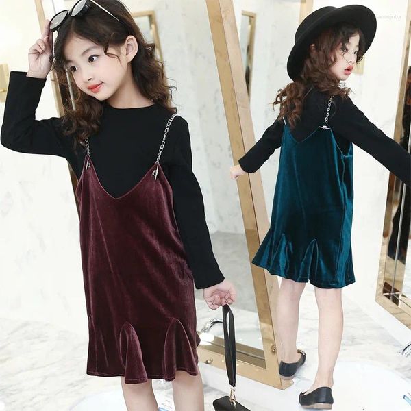 Conjuntos de roupas 2023 outono modelo coreano saia de veludo sólida manga comprida camisa de fundo meninas