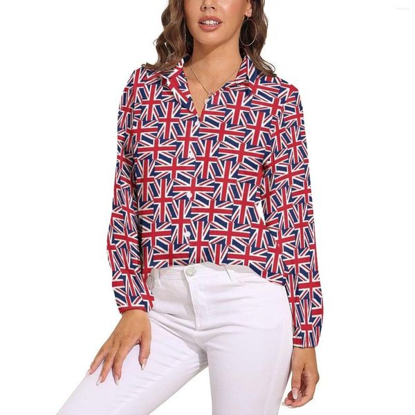 Camicette da donna Camicetta con bandiera britannica Manica lunga Rossa e blu Camicia oversize stile retrò femminile da strada Abbigliamento grafico Regalo di compleanno