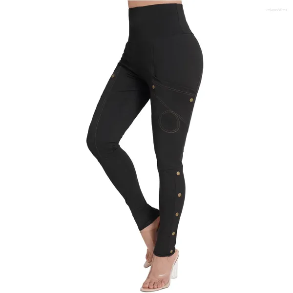 Pantaloni da donna a lunghezza intera Matita skinny per donna Leggings lunghi elasticizzati con tasca a vita alta con bottoni finti