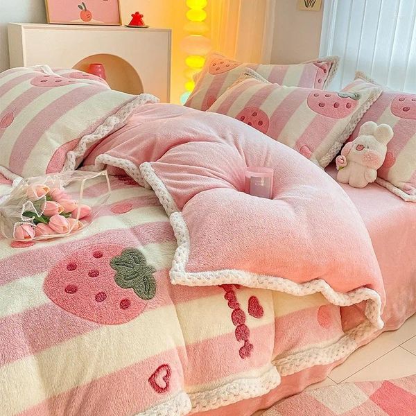 Conjuntos de cama Bonito dos desenhos animados Inverno Fleece Duvet Quilt Cover Lençol Quente Grosso Conjunto com Fronha para Cama Dupla Solteira Home Têxteis