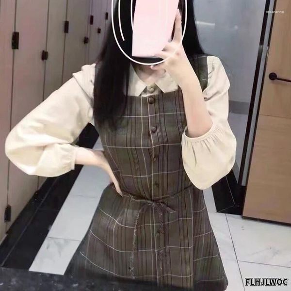 Vestidos de trabalho japão meninas roupas data outono primavera 2023 uma linha bonito doce retro vintage coreia chique feminino algodão xadrez camisa vestido
