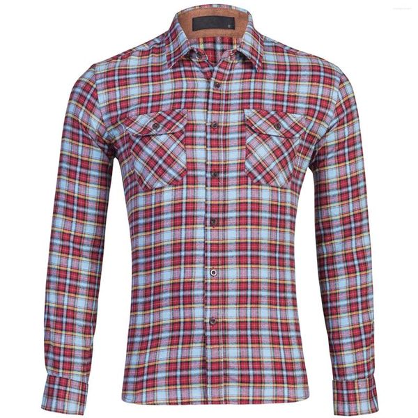 Camisas casuais masculinas primavera e outono América retro manga longa lapela carga camisa xadrez moda puro algodão lavado blusas de bolso grande