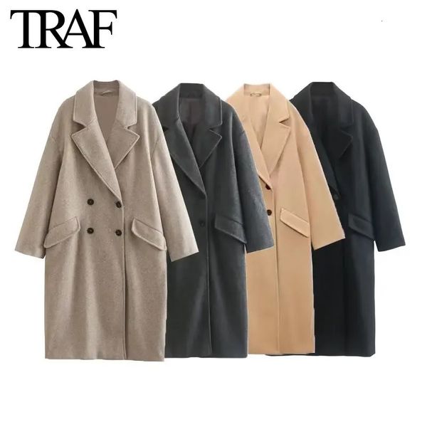 Женское полушерстяное пальто TRAF, женская мода, двубортное шерстяное пальто с длинными рукавами и карманами, зимнее пальто, шикарные женские топы, куртка Mujer 231030