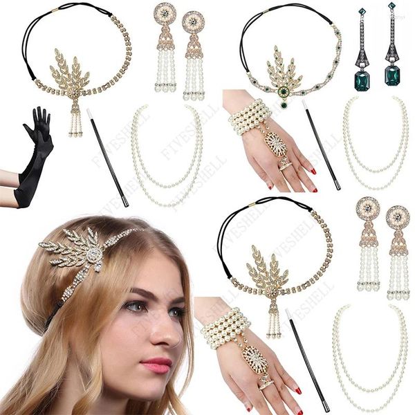 Articoli per feste Anni '20 Grande Gatsby Abiti Set di accessori per donne Cosplay Flapper Fascia per capelli Collana di perle Bracciale Orecchino Sigaretta