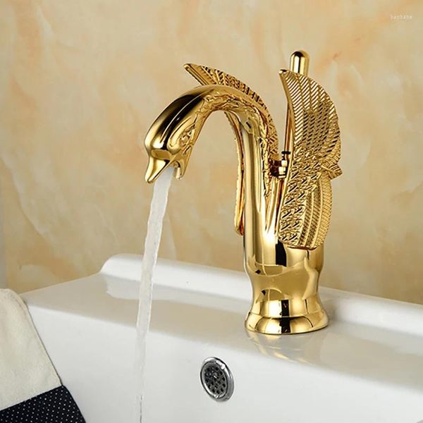 Torneiras de pia do banheiro Vidric Gold Torneira de luxo Vintage Cobre Estilo Cisne Personalidade Moda Deck Mount e Misturador Frio Bacia Preta