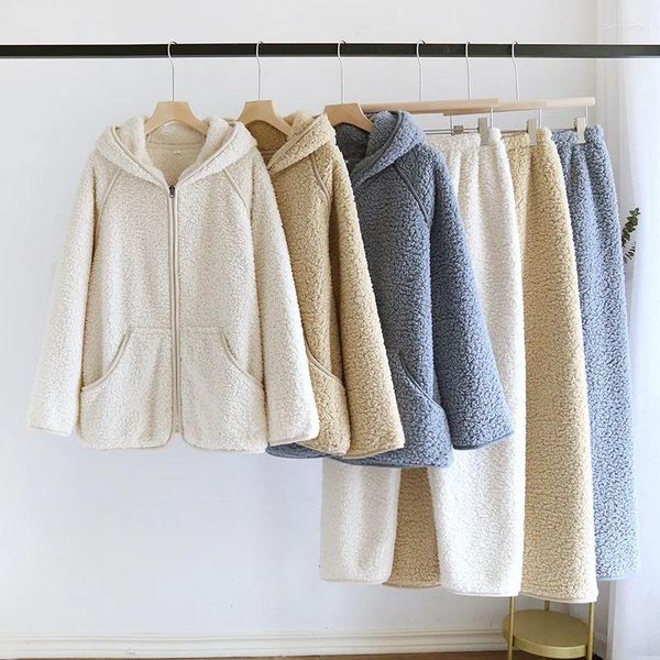 Pigiama da donna Coppia Pigiama con cappuccio Pigiama in pile di corallo Abito a maniche lunghe Abbigliamento per la casa Donna Caldo inverno Pigiama Pantaloni larghi