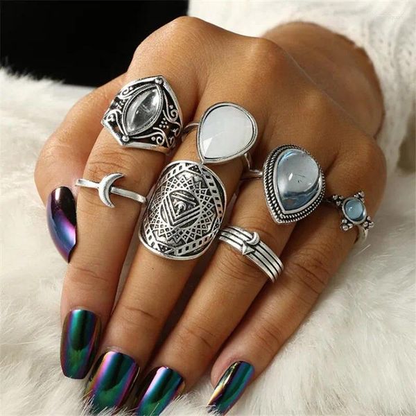 Anéis de cluster Diezi Vintage Bohemia Anel Conjunto Luz Azul Gota de Água Midi Joint Mulheres Boho Jóias Gypsy Knuckle Prata Cor