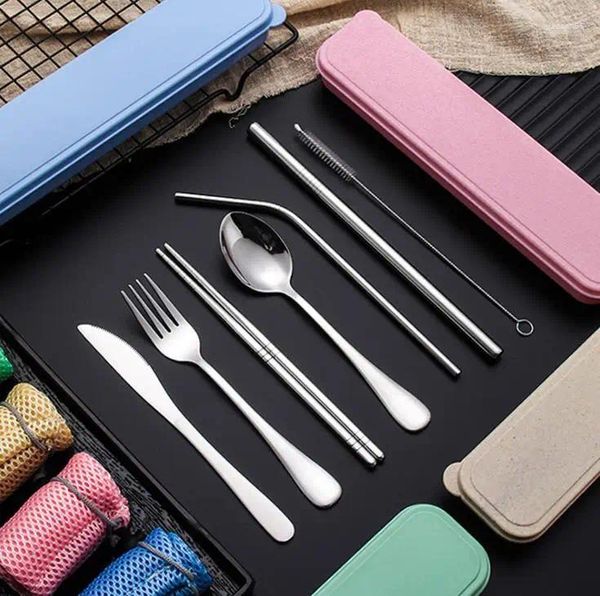 Geschirr Sets Edelstahl Besteck Set Tragbare Besteck Reise Picknick Metall Stroh mit Box und Tasche Küche Utensil SN