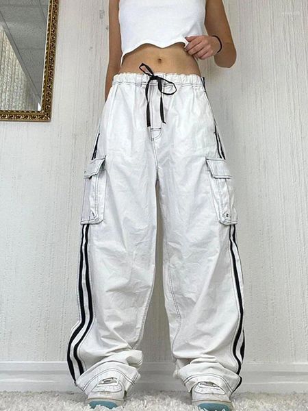 Pantaloni da donna Donna Bianco Cargo Casual Streetwear Elastico in vita con coulisse Pantaloni dritti Tasche larghe Anni 2000 Estetica Hiphop Grunge