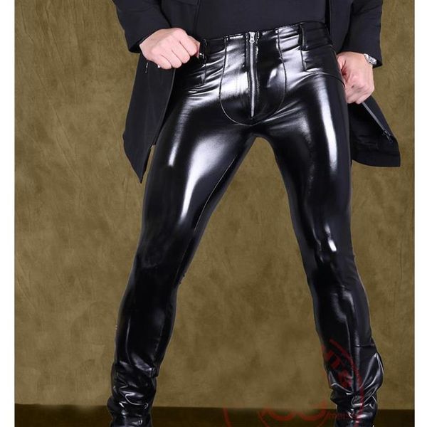 Sexy Männer Hohe Elastische PVC Glänzende Bleistift Hosen Kunstleder Mode Punk Hosen Reißverschluss Vorne Glänzend Bleistift Homosexuell Tragen F116269b