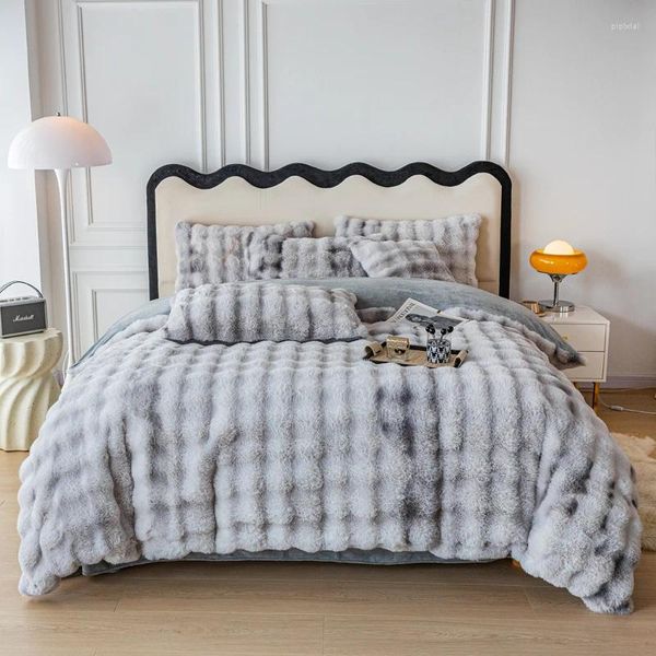 Bettwäsche-Sets, verdicktes Haar-Set, Kunstpelz, Flanell-Fleece, Bettbezug, warm, bunt, Heimleinen, Winter-Bettwäsche, 4-teilig, King-Size-Bett