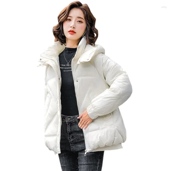 Casacos de trincheira femininos 2023 de alta qualidade brilhante curto acolchoado jaqueta real s parka inverno jaquetas quentes com capuz moda casaco feminino outwear