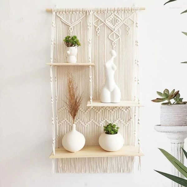 Tapeçarias Macrame Tapeçaria Prateleiras com 3 Camadas Penduradas na Parede Prateleira Boho Decoração Mão Tecido Algodão Corda Decoração do Quarto